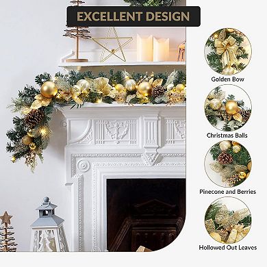 6FT Pre-Lit Artificial Christmas Garland with 20 Lights, Gold Balls, Bows, Pine Cones, Leaves