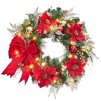 24" Christmas Wreath for Front Door with 20 Lights, Red Flowers, Bow, Berries, Balls, Red Gold