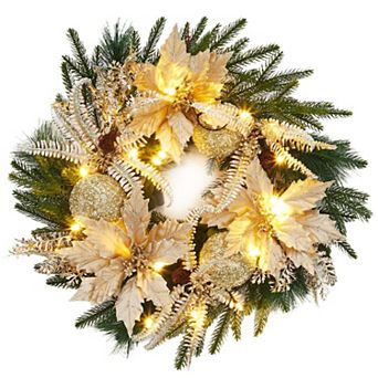 24 in Prelit Christmas Wreath for Front Door with 20 Lights, Balls, Artificial Flowers Leaves, Gold