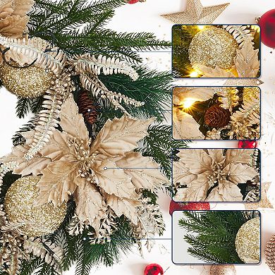 24 In Prelit Christmas Wreath for Front Door with 20 Lights, Balls, Artificial Flowers Leaves, Gold