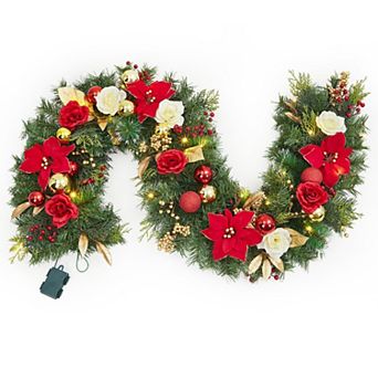 6 ft Pre-Lit Artificial Christmas Garland with 20 Lights, Red Gold Berries & Balls, Flowers