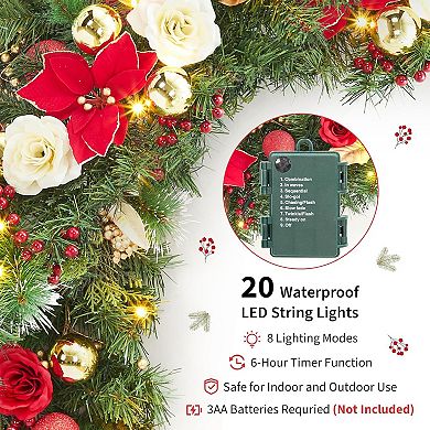 6 ft Pre-Lit Artificial Christmas Garland with 20 Lights, Red Gold Berries & Balls, Flowers