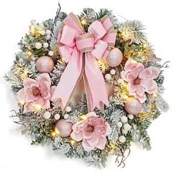 24 in Snow Flocked Christmas Wreath with 20 Lights, Balls, Bow, Flowers, Berries, Pink