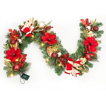 6ft Artificial Christmas Wreath for Front Door with 20 LED Lights, Red Balls, Flowers, Berries, Bow