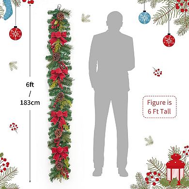 6ft Artificial Christmas Garland with 20 LED Lights, Pine Cones, Red Berries & Bows