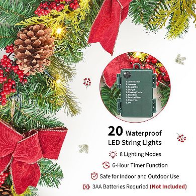 6ft Artificial Christmas Garland with 20 LED Lights, Pine Cones, Red Berries & Bows