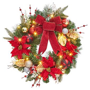 24 Inch Artificial Christmas Wreath with Berries, Flowers, Balls, Bow, 20 LED Lights, Leaves