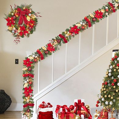 24 Inch Artificial Christmas Wreath with Berries, Flowers, Balls, Bow, 20 LED Lights, Leaves
