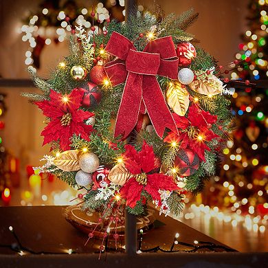 24 Inch Artificial Christmas Wreath with Berries, Flowers, Balls, Bow, 20 LED Lights, Leaves