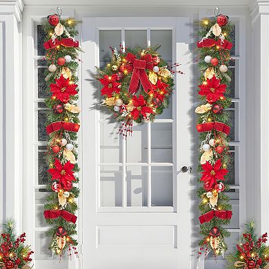 24 Inch Artificial Christmas Wreath with Berries, Flowers, Balls, Bow, 20 LED Lights, Leaves