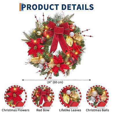 24 Inch Artificial Christmas Wreath with Berries, Flowers, Balls, Bow, 20 LED Lights, Leaves