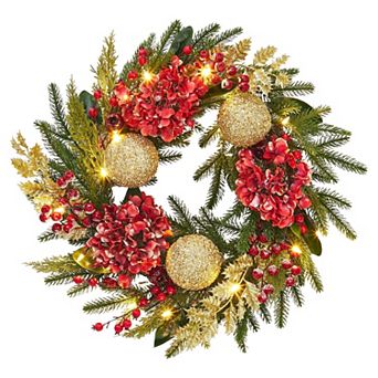 24 Inch Pre-Lit Christmas Wreath for Front Door with Gold Ball Ornaments, Red Flowers & Berries