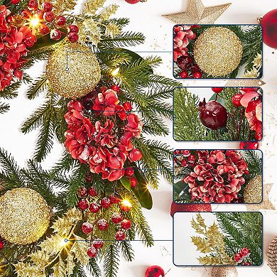 24 Inch Pre-Lit Christmas Wreath for Front Door with Gold Ball Ornaments, Red Flowers & Berries