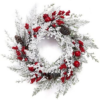 18 in Snow Flocked Christmas Wreath for Front Door with Red Apples, Pine Cones, Red Berries