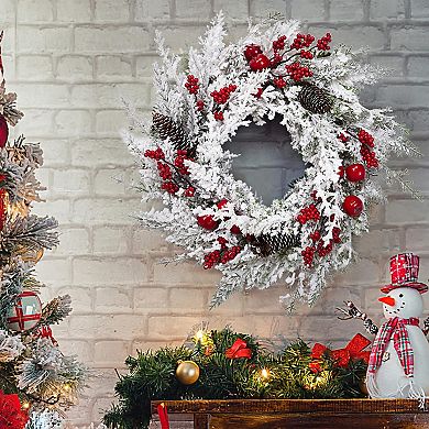 18 in Snow Flocked Christmas Wreath for Front Door with Red Apples, Pine Cones, Red Berries