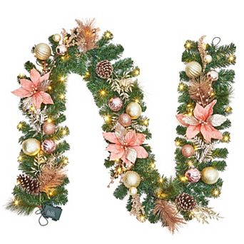 9ft Battery Operated Xmas Garland with 40 LED Lights, Ball Ornaments, Pink Poinsettias for Mantle