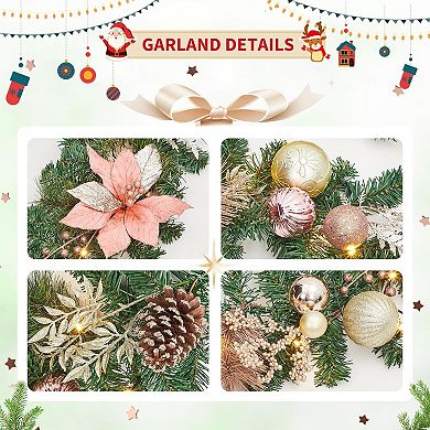 9ft Battery Operated Xmas Garland with 40 LED Lights, Ball Ornaments, Pink Poinsettias for Mantle