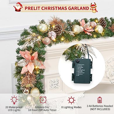 9ft Battery Operated Xmas Garland with 40 LED Lights, Ball Ornaments, Pink Poinsettias for Mantle