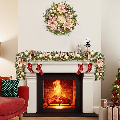 9ft Battery Operated Xmas Garland with 40 LED Lights, Ball Ornaments, Pink Poinsettias for Mantle