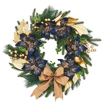 24 Inch Pre-Lit Christmas Wreath for Front Door with 20 LED, Bow, Gold Leaves, Balls, Blue Flowers