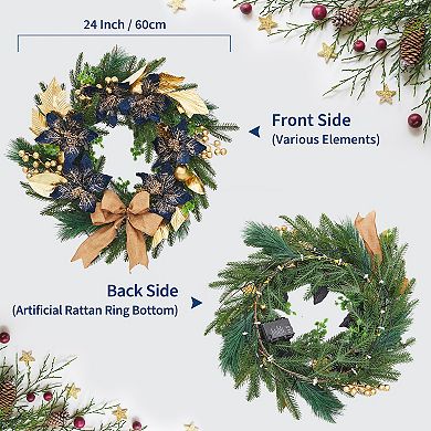 24 Inch Pre-Lit Christmas Wreath for Front Door with 20 LED, Bow, Gold Leaves, Balls, Blue Flowers
