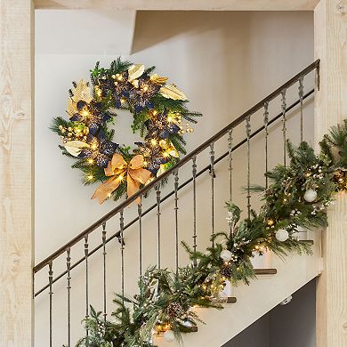 24 Inch Pre-Lit Christmas Wreath for Front Door with 20 LED, Bow, Gold Leaves, Balls, Blue Flowers