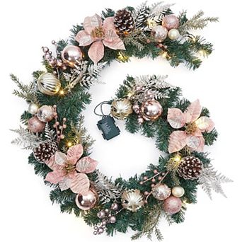 6 Feet Christmas Garland for Mantle with Lights, Rose Gold Balls, Pinecones, Flowers