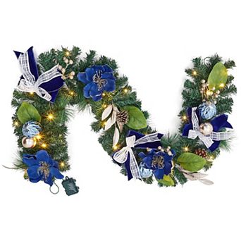 6 ft Prelit Christmas Garland for Mantle with 20 LED Lights, Blue Ball Ornaments, Bows, Flowers