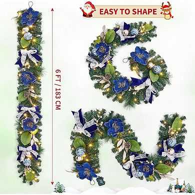 6 ft Prelit Christmas Garland for Mantle with 20 LED Lights, Blue Ball Ornaments, Bows, Flowers