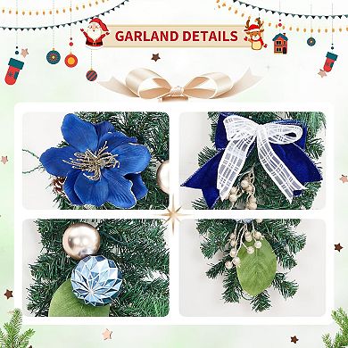 6 ft Prelit Christmas Garland for Mantle with 20 LED Lights, Blue Ball Ornaments, Bows, Flowers