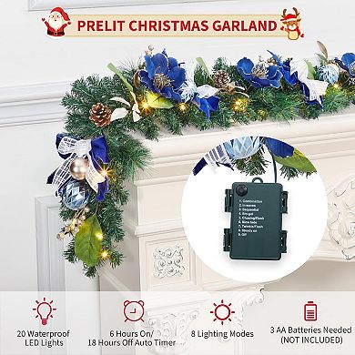 6 ft Prelit Christmas Garland for Mantle with 20 LED Lights, Blue Ball Ornaments, Bows, Flowers