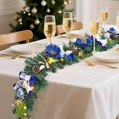 6 ft Prelit Christmas Garland for Mantle with 20 LED Lights, Blue Ball Ornaments, Bows, Flowers