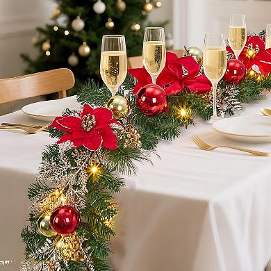 6ft Christmas Garland for Mantle with 20 LED Lights, Red Gold Balls, Velvet Ribbon, Flowers