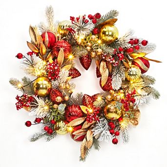 24 Inch Christmas Wreath with 20 LED Lights, Red Gold Ball Ornaments, Golden Leaves, Berries