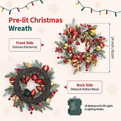 24 Inch Christmas Wreath with 20 LED Lights, Red Gold Ball Ornaments, Golden Leaves, Berries