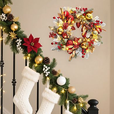24 Inch Christmas Wreath with 20 LED Lights, Red Gold Ball Ornaments, Golden Leaves, Berries