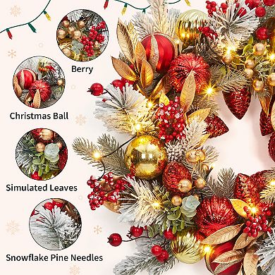 24 Inch Christmas Wreath with 20 LED Lights, Red Gold Ball Ornaments, Golden Leaves, Berries