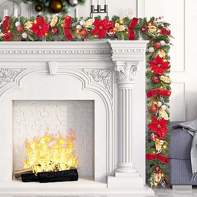 6FT Pre-Lit Christmas Garland with 20 LED Lights, Red Gold Silver Ball Ornaments, Flowers, Ribbons