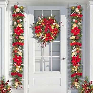 6FT Pre-Lit Christmas Garland with 20 LED Lights, Red Gold Silver Ball Ornaments, Flowers, Ribbons