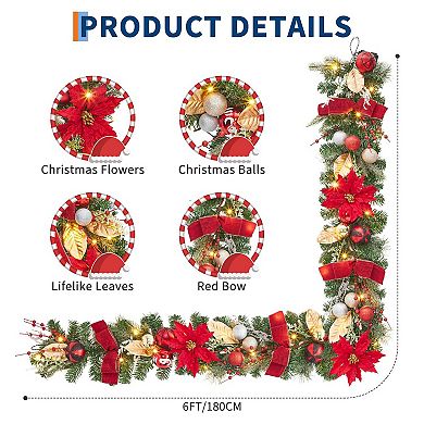6FT Pre-Lit Christmas Garland with 20 LED Lights, Red Gold Silver Ball Ornaments, Flowers, Ribbons