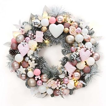 24 in Pink Pre Lit Christmas Wreath with 20 LED Lights, Balls, Heart Gift Box Ornaments, Flowers