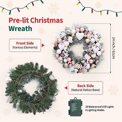 24 In Pink Pre Lit Christmas Wreath with 20 LED Lights, Balls, Heart Gift Box Ornaments, Flowers