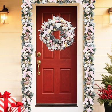 24 In Pink Pre Lit Christmas Wreath with 20 LED Lights, Balls, Heart Gift Box Ornaments, Flowers