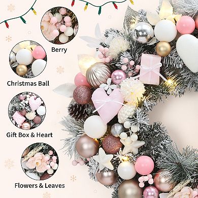 24 In Pink Pre Lit Christmas Wreath with 20 LED Lights, Balls, Heart Gift Box Ornaments, Flowers