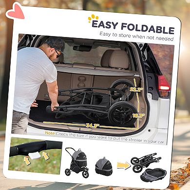 PawHut 3 in 1 Pet Stroller for Small Dogs and Cats with Detachable Carrier