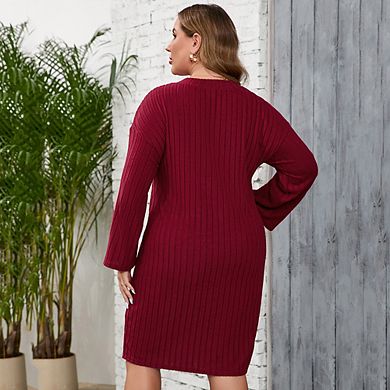Women Plus Size Dress V Neck Long Sleeve Midi Sweater Dresses