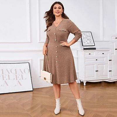 brown sweater dress plus size Women's Plus Size Casual Sweater Dress Lantern Long Sleeve V Neck Midi Dress With Belt