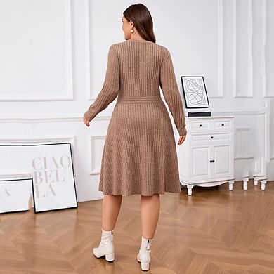 Plus Size Women's V Neck Lantern Sleeve Sweater Dress with Button Detail