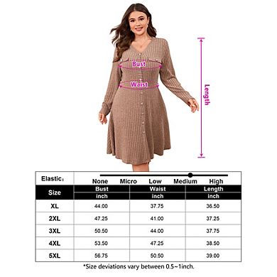Plus Size Women's V Neck Lantern Sleeve Sweater Dress with Button Detail