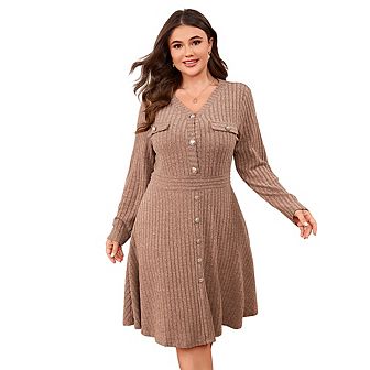 Plus Size Women's V Neck Lantern Sleeve Sweater Dress with Button Detail